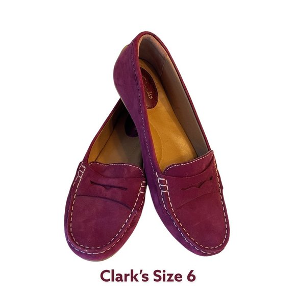 Clark's Shoes - Women's Clarks Suede Penny Loafer Driving Moccasins Wine Leather Comfort…